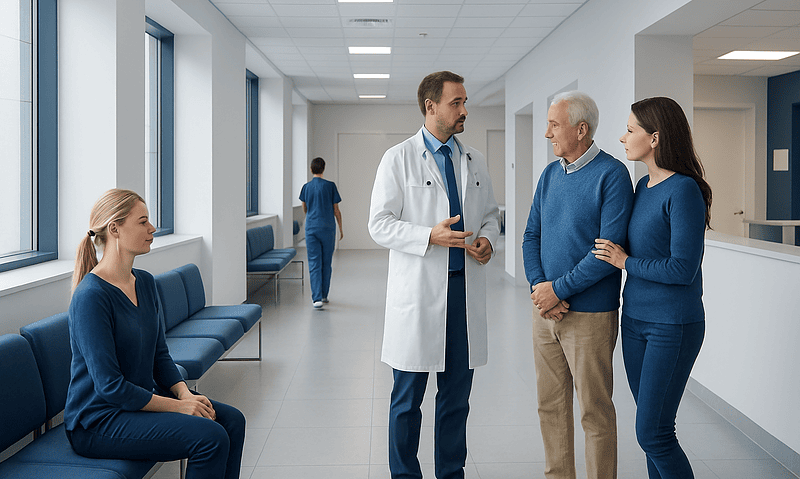 Medical consultation in hospital corridor with doctor and patients.