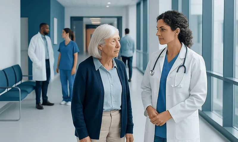 Doctor consulting an elderly patient in a hospital corridor.