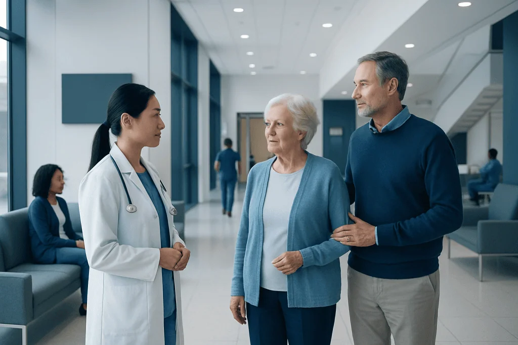 Alzheimer’s Disease Specialists: How They Diagnose and Manage Care 1 Healthcare professional consulting elderly couple in hospital lobby.