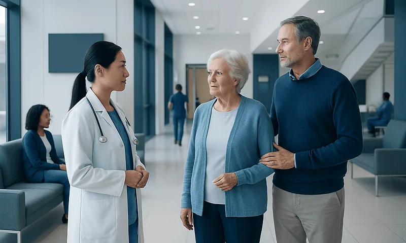 Healthcare professional consulting elderly couple in hospital lobby.