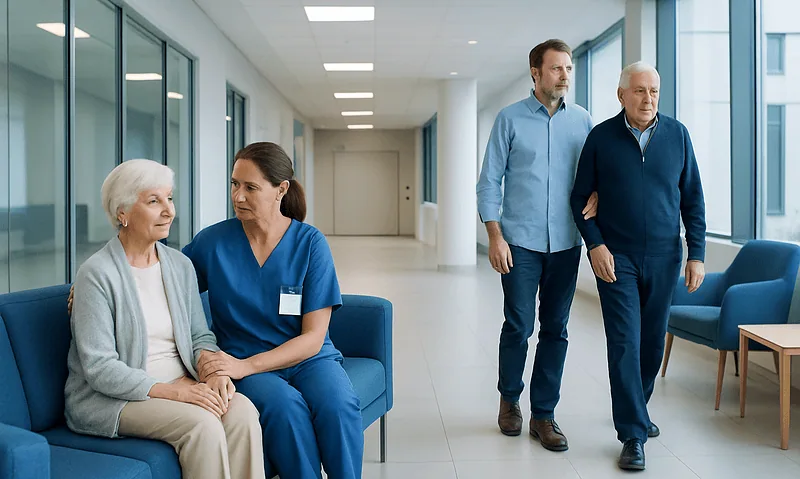 Elderly woman with caregiver and visitors in hospital corridor.