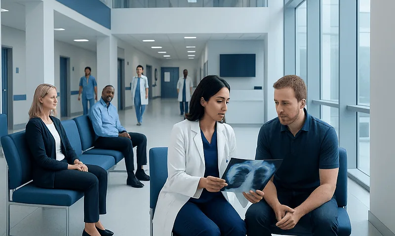 Doctor explaining X-ray results to a patient in a hospital corridor.