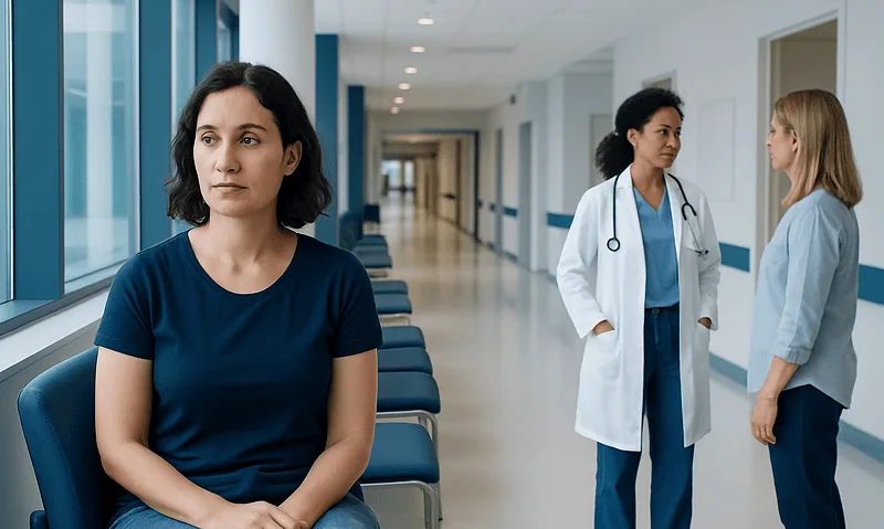 Abnormal Pap Smear: What the Results Mean and What Happens Next 14 Patient waiting in hospital corridor with doctors discussing in background.