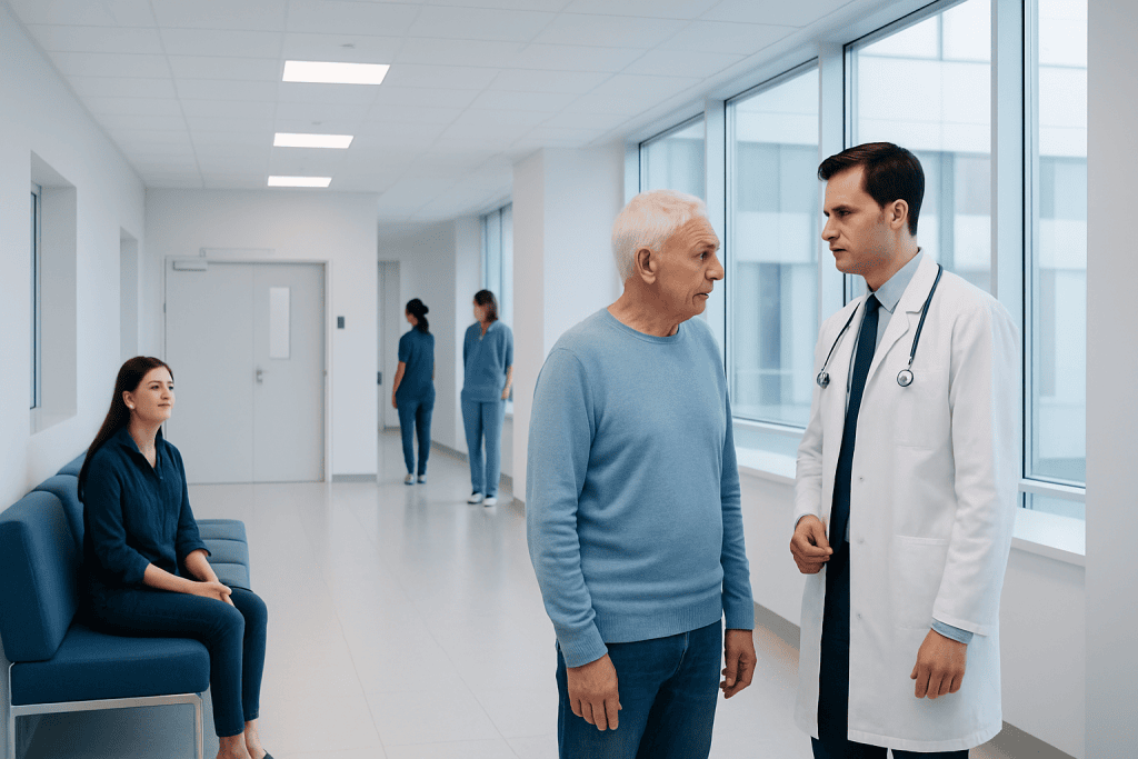 Aortic Aneurysm: How It Is Found and When Surgery Is Needed 1 Doctor consulting with an elderly patient in hospital corridor.