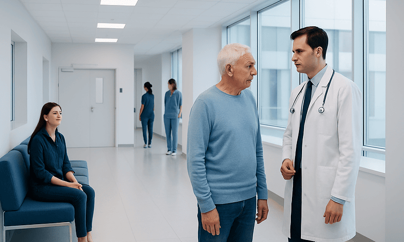 Doctor consulting with an elderly patient in hospital corridor.