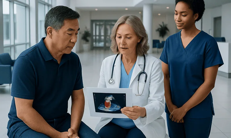 Health Library 1 Doctor explaining heart ultrasound results to a patient with nurse in hospital.