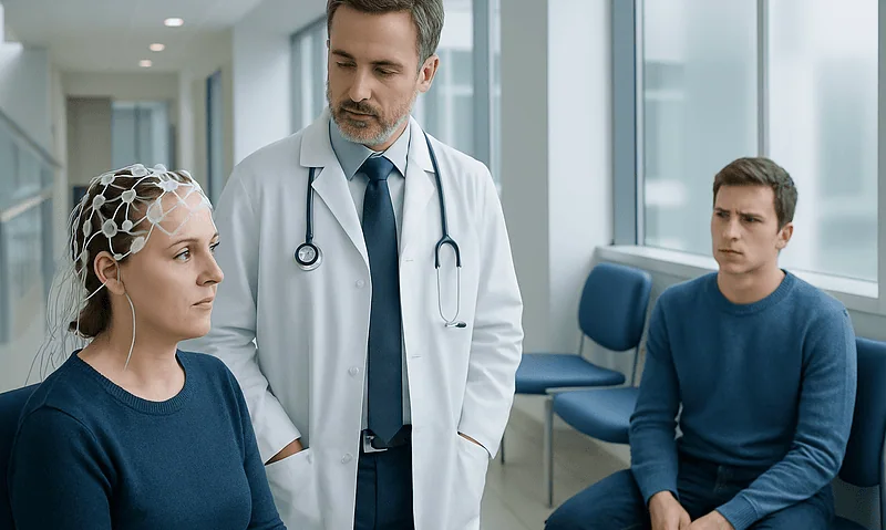 Doctor consulting with female patient and male patient in hospital corridor.