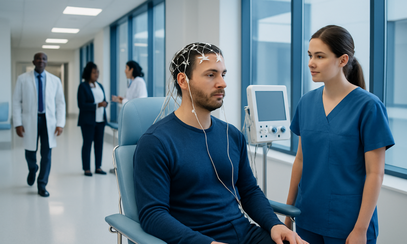 Patient undergoing EEG test for seizures at Acibadem Hospital.