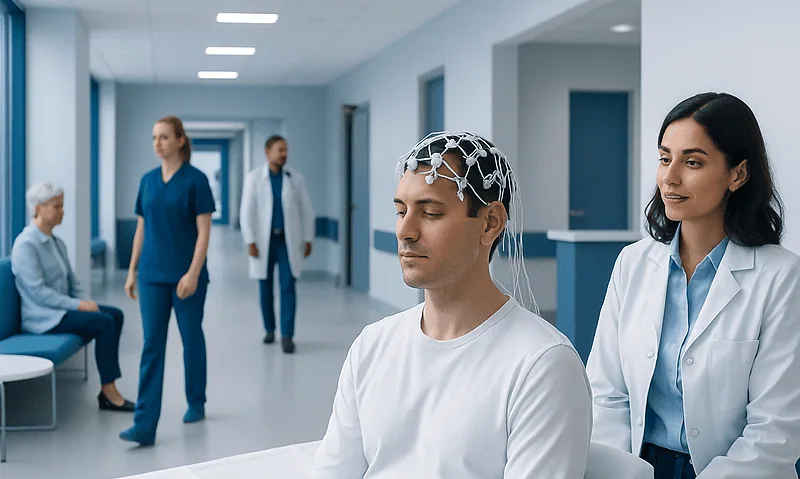 Patient undergoing EEG test with cap in hospital corridor.