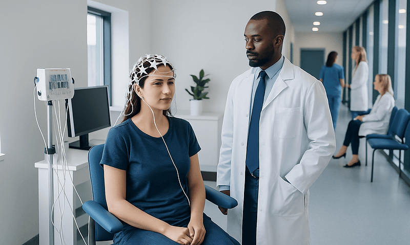 Patient undergoing EEG test in a modern hospital setting.
