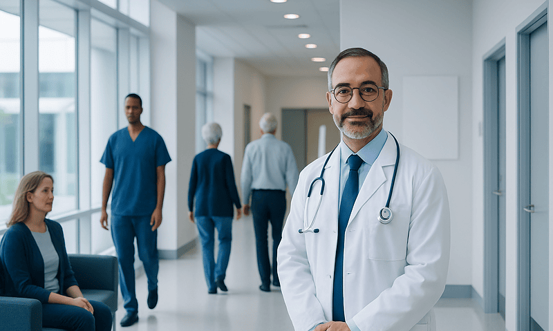 Endocrinologist in hospital corridor with patients and staff.