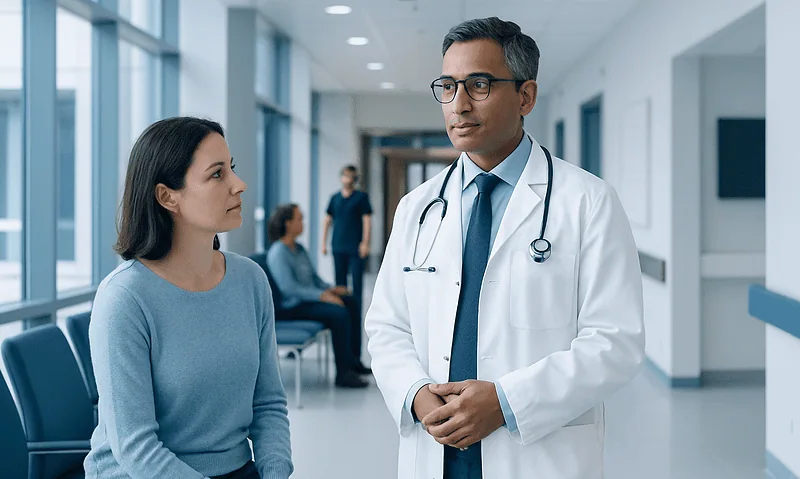 Endocrinologist consulting with a patient in a hospital corridor.