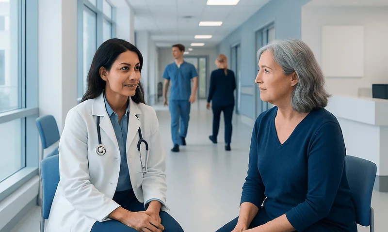 Doctor consulting with a patient in a hospital corridor.
