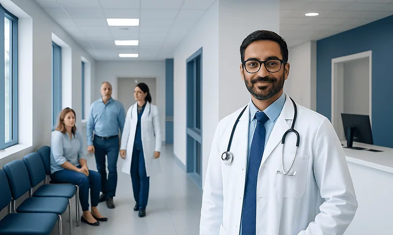 Endocrinologist in hospital corridor with patients and staff.