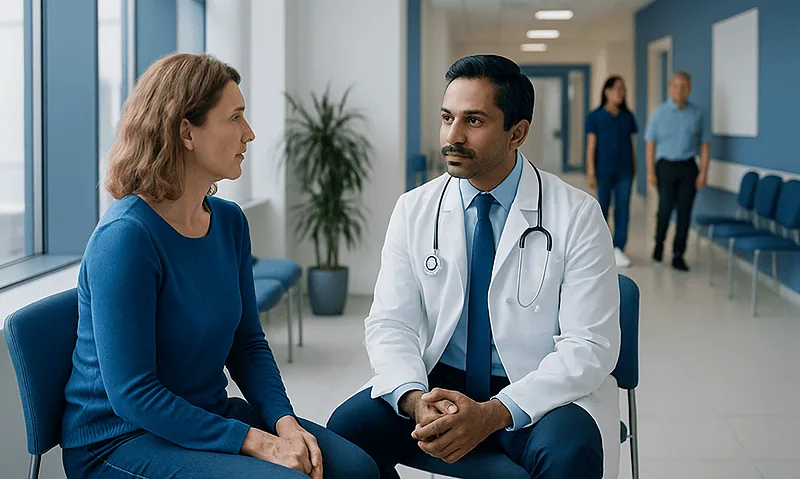 Doctor consulting with a female patient in a hospital corridor.