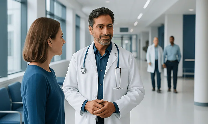 Endocrinologist consulting with a patient in a hospital corridor.