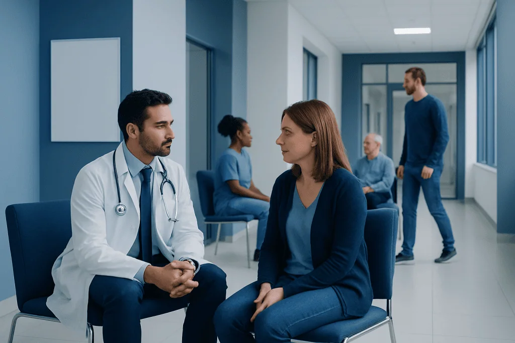 Endocrinology Consultation: What to Expect at Your First Appointment 1 Doctor consulting a patient in a hospital corridor with other patients nearby.