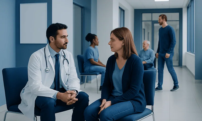 Doctor consulting a patient in a hospital corridor with other patients nearby.