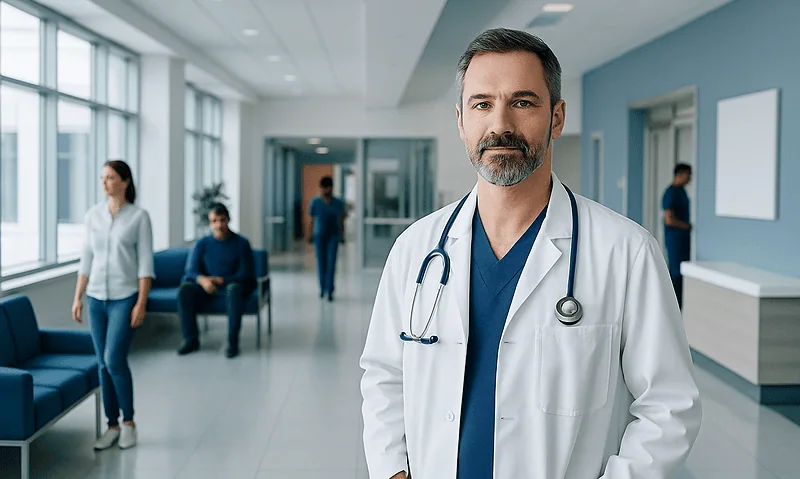 ENT doctor in hospital corridor with patients and staff in background.