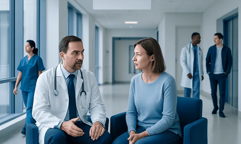 ENT doctor consulting a patient in a hospital corridor.