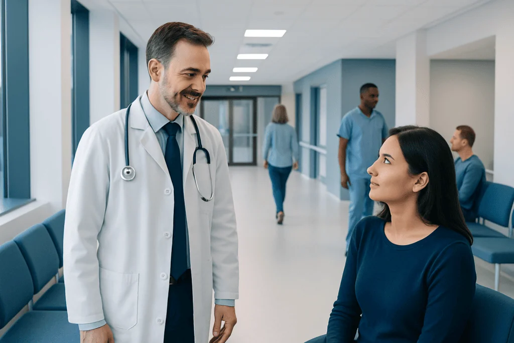What an ENT Doctor Does: When to See an Otolaryngologist 1 ENT doctor consulting a patient in a hospital corridor.