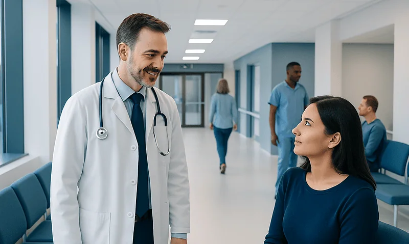 ENT doctor consulting a patient in a hospital corridor.