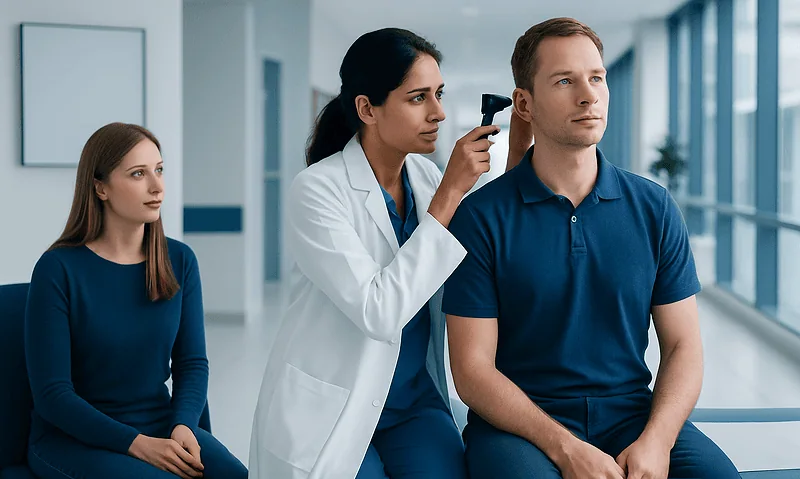 ENT doctor examining a patient's ear in a hospital corridor.