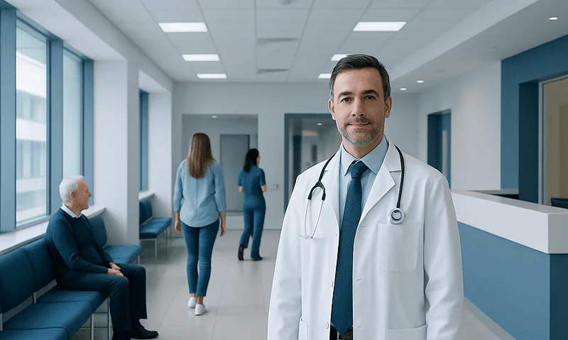 Experienced ENT specialist in a modern hospital corridor.