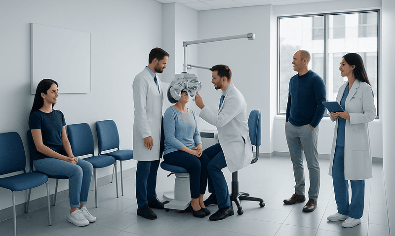 Eye exam consultation at a hospital with medical professionals and patient.