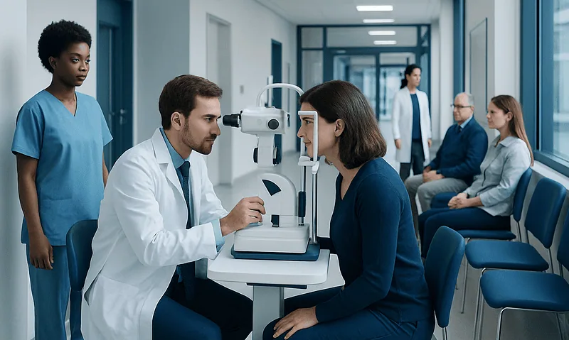 Optometrist conducts eye exam using a slit lamp at a hospital.