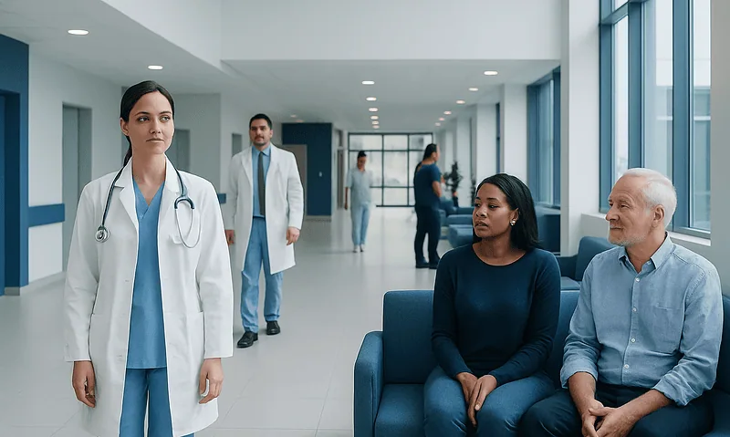 Healthcare professionals and patients in a modern hospital corridor.