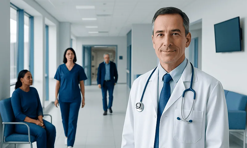 Experienced infectious disease doctor in hospital corridor with medical team.