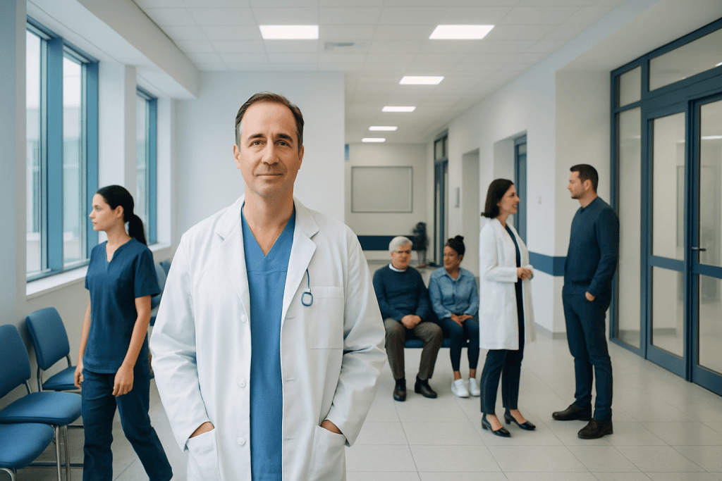 What Does an Interventional Neuroradiologist Do? 1 Interventional neuroradiologist in hospital corridor with medical team.
