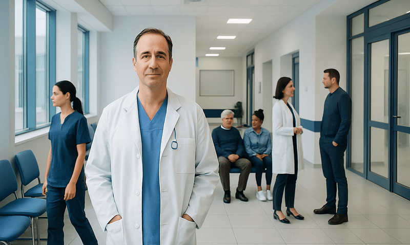 Interventional neuroradiologist in hospital corridor with medical team.