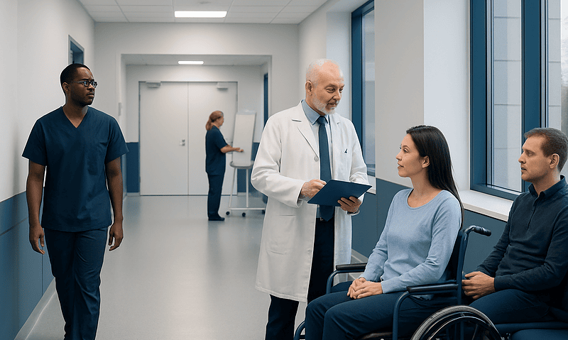 Doctor consulting with patient and companion in hospital corridor.