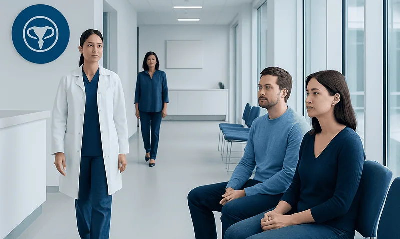 Doctor consulting patients in a modern hospital corridor at Acibadem Hospitals Group.