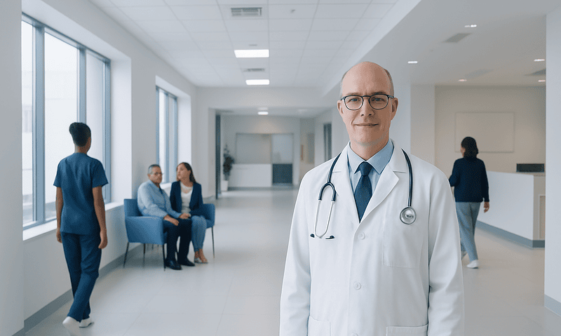 Experienced oncologist in a modern hospital corridor with patients and staff.