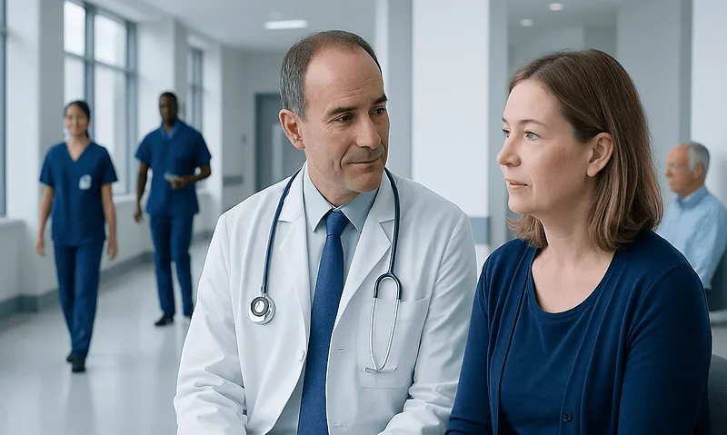 What Is an Oncologist? Roles, Training, and Subspecialties 5 Doctor consulting with a female patient in a hospital corridor.
