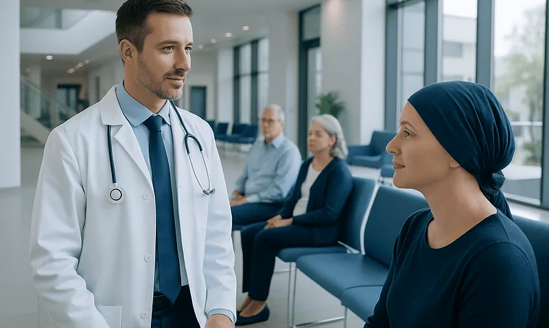 What Is an Oncologist? Roles, Training, and Care Pathways 18 Doctor consulting a patient in a hospital lobby with waiting patients in the background.