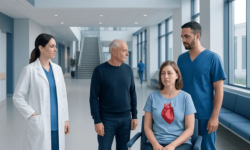 Hospital staff and patient discussing organ transplant in modern hospital.