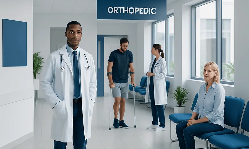 Medical team at an orthopedic clinic with patients and staff in a modern hospital.