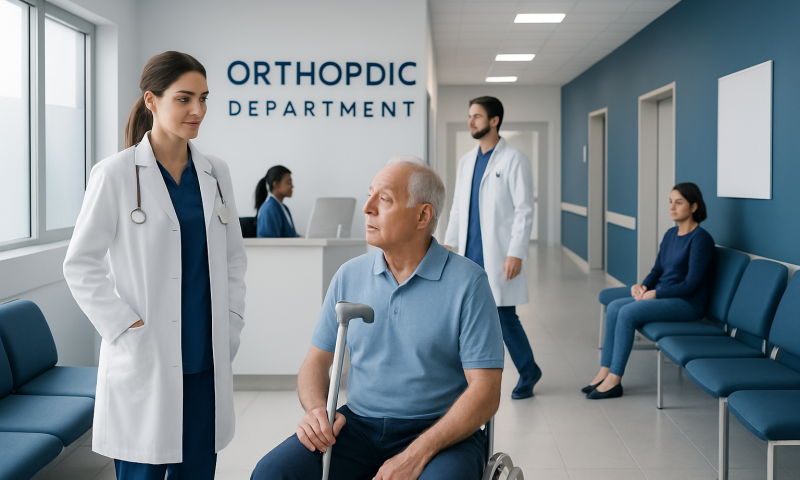 Orthopedic department with medical staff and patient in hospital corridor.