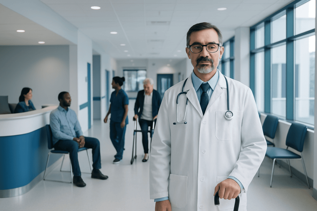 What Does an Orthopedic Doctor Do? Tests, Treatments, and Referrals 1 Doctor in hospital corridor with patients and staff in background.