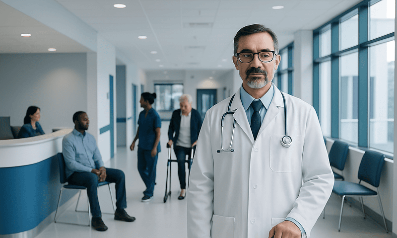 What Does an Orthopedic Doctor Do? Tests, Treatments, and Referrals 15 Doctor in hospital corridor with patients and staff in background.