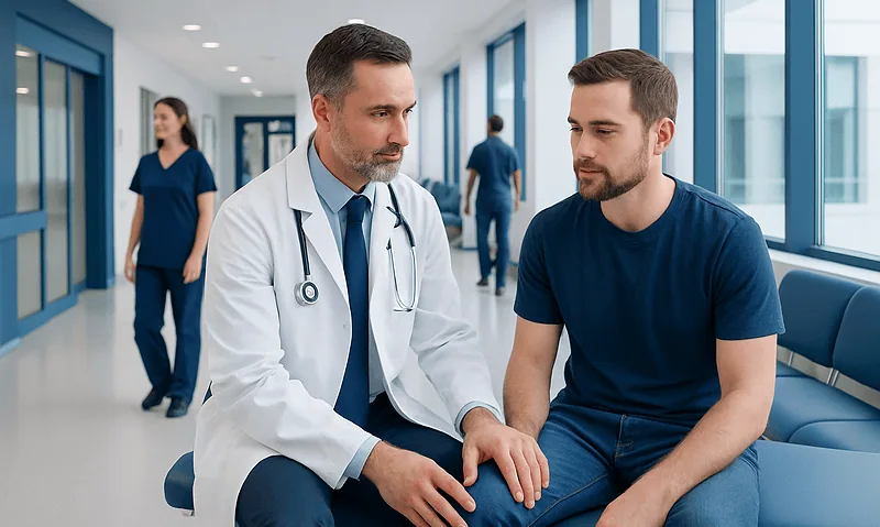 What Does an Orthopedic Doctor Do? Exams, Imaging, and Treatment Options 3 Orthopedic doctor consulting a young male patient in hospital corridor.