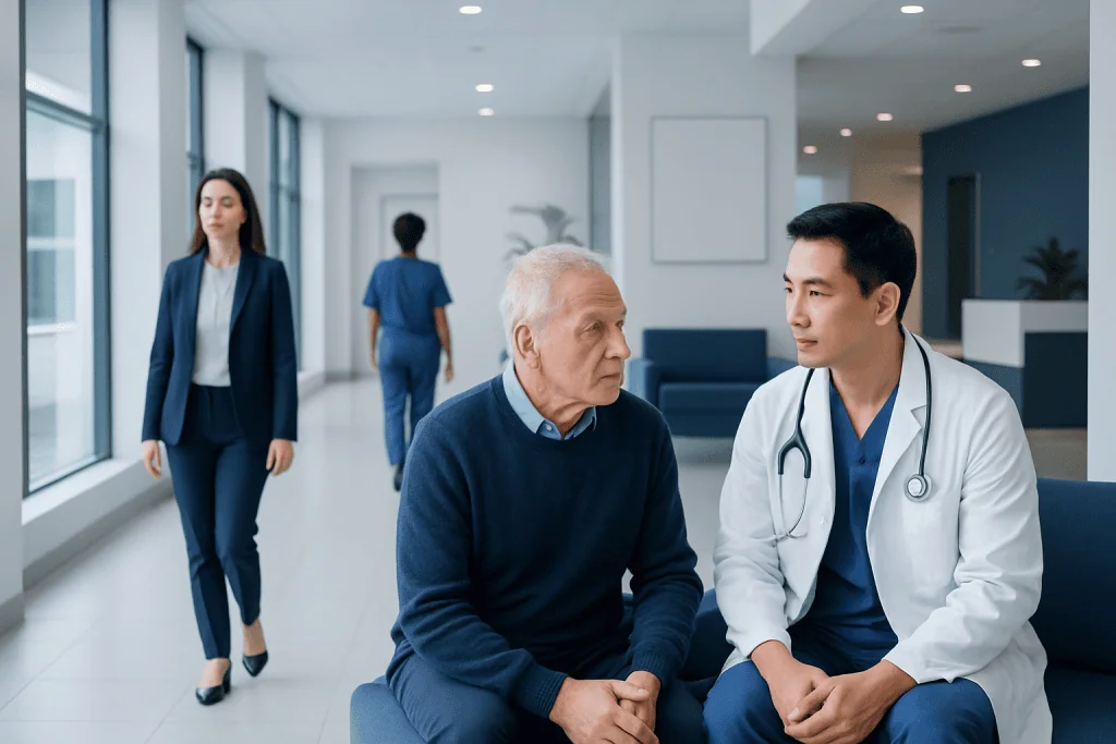 How to Find the Right Orthopedic Doctor Near You 1 Doctor consulting with elderly patient in hospital corridor.