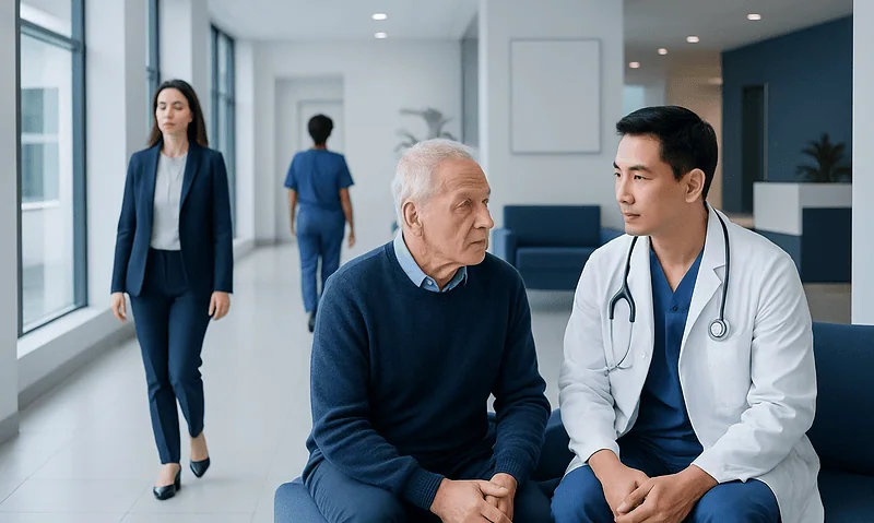 Doctor consulting with elderly patient in hospital corridor.