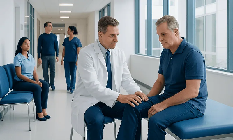 Orthopedic consultation at a hospital with doctor and patient in a modern clinic.