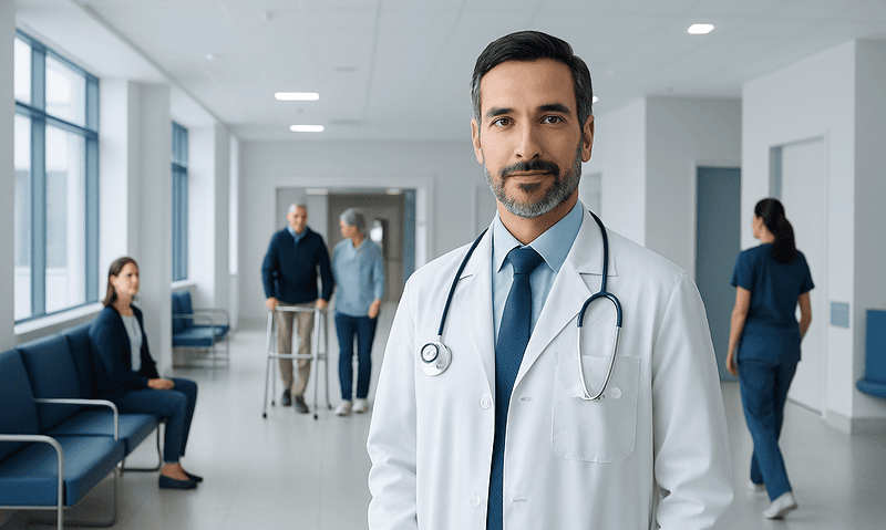 When to See an Orthopedic Surgeon for Joint or Bone Pain 15 Doctor in hospital corridor with patients and staff in background.