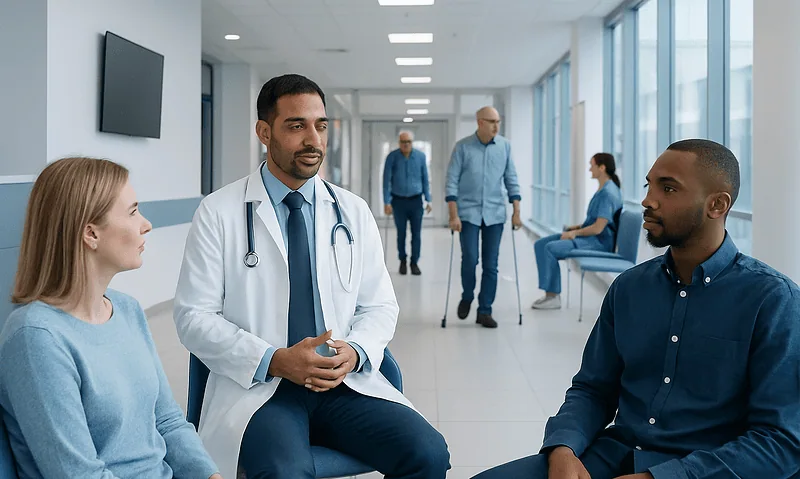 When to See an Orthopedist for Pain, Injury, or Limited Movement 2 Doctor consulting with patients in a hospital corridor.